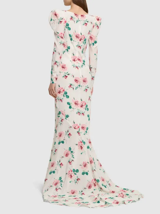 Alessandra Rich   Rose printed silk maxi dress w/ appliqué 