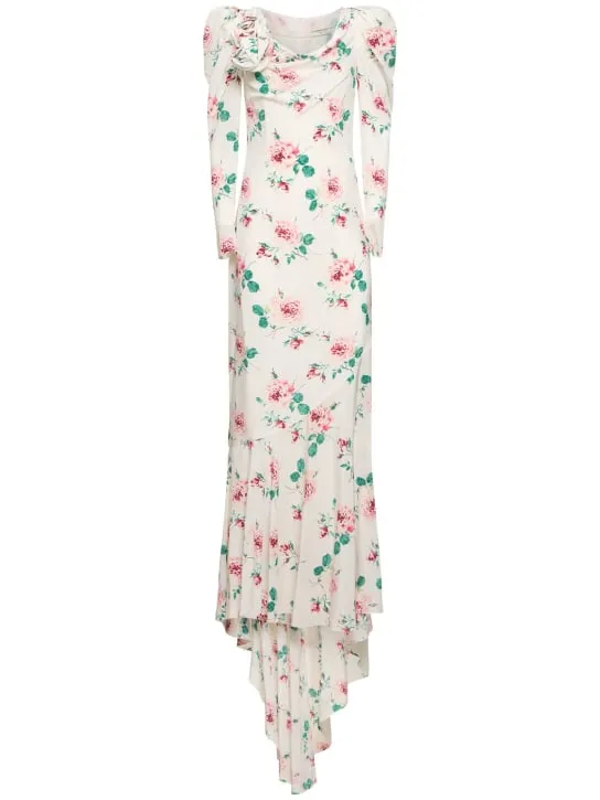 Alessandra Rich   Rose printed silk maxi dress w/ appliqué 