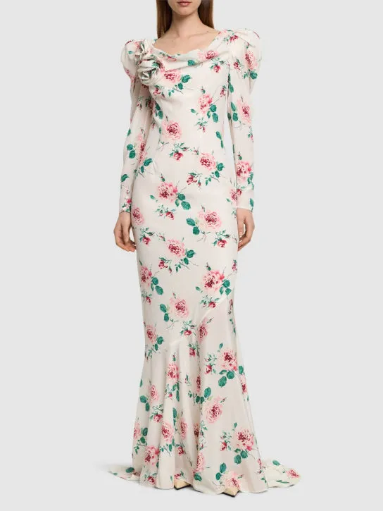 Alessandra Rich   Rose printed silk maxi dress w/ appliqué 