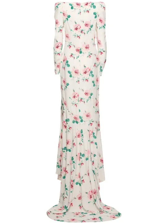 Alessandra Rich   Rose printed silk maxi dress w/ appliqué 