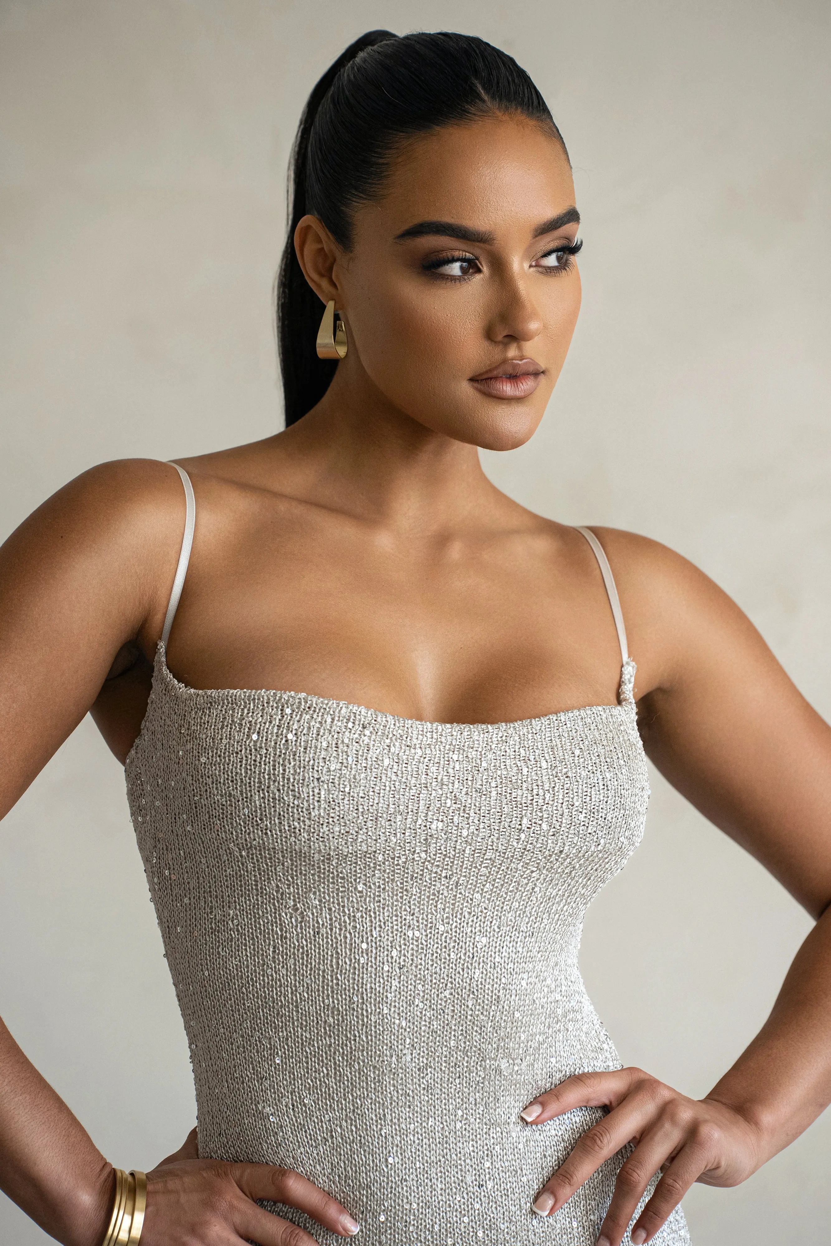 Beige Noemie Sequin Maxi Dress