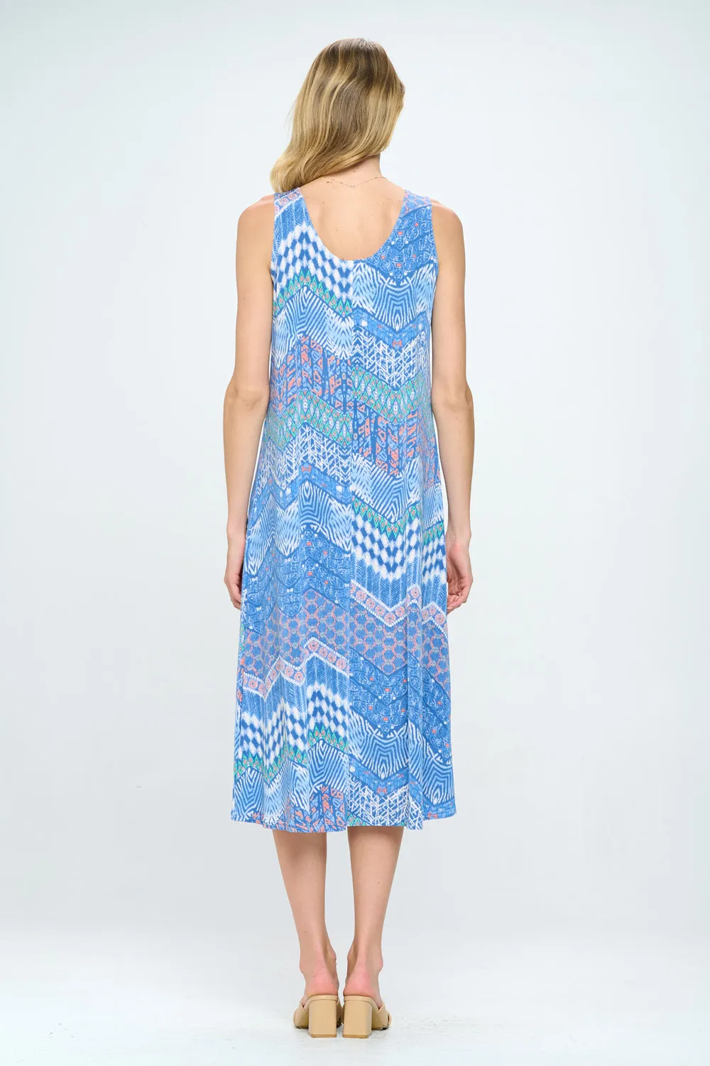 Blue Abstract Print  Long Tank Dress Print -7000BN-TRP1-W362