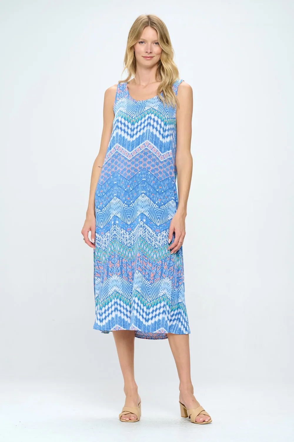 Blue Abstract Print  Long Tank Dress Print -7000BN-TRP1-W362