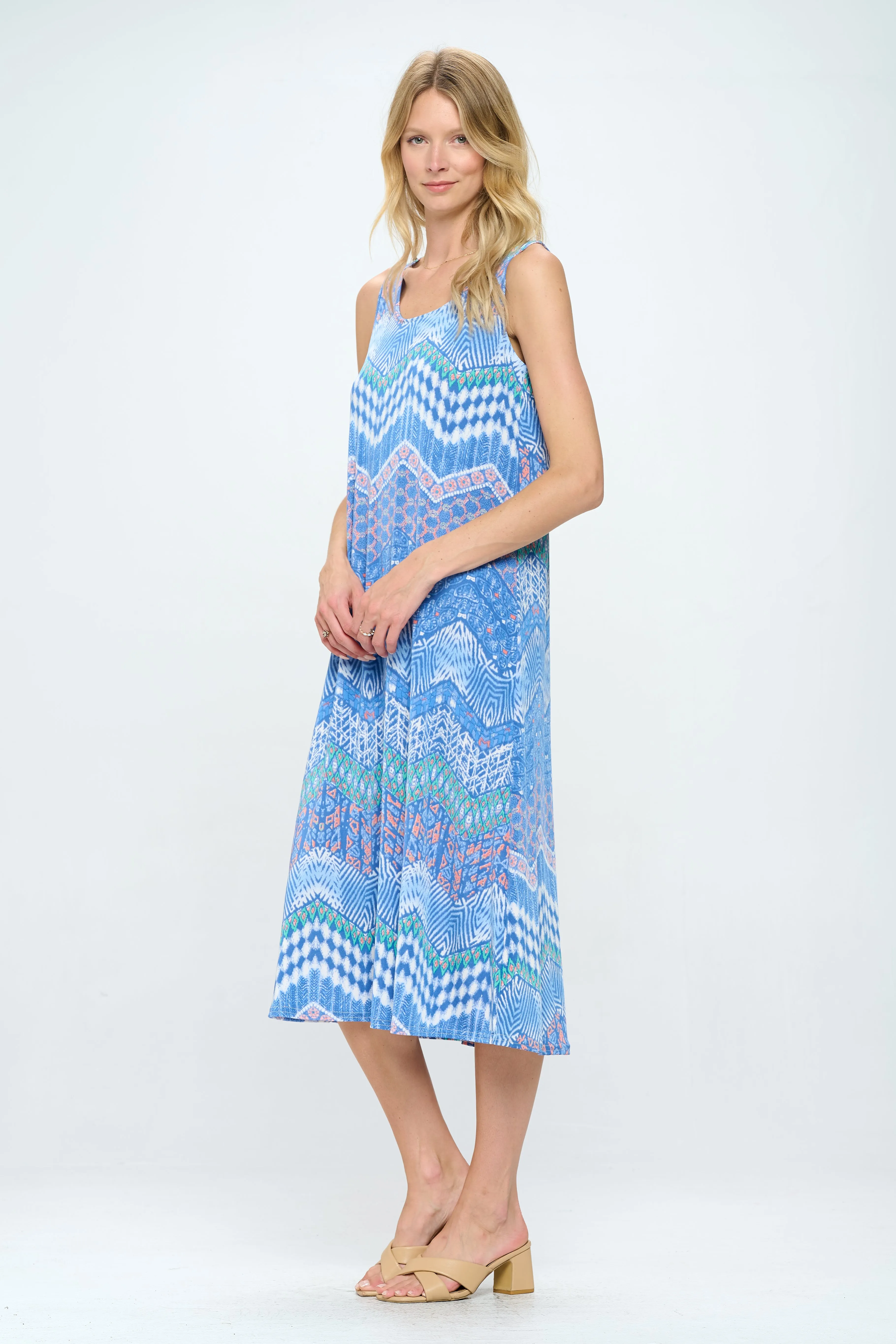 Blue Abstract Print  Long Tank Dress Print -7000BN-TRP1-W362