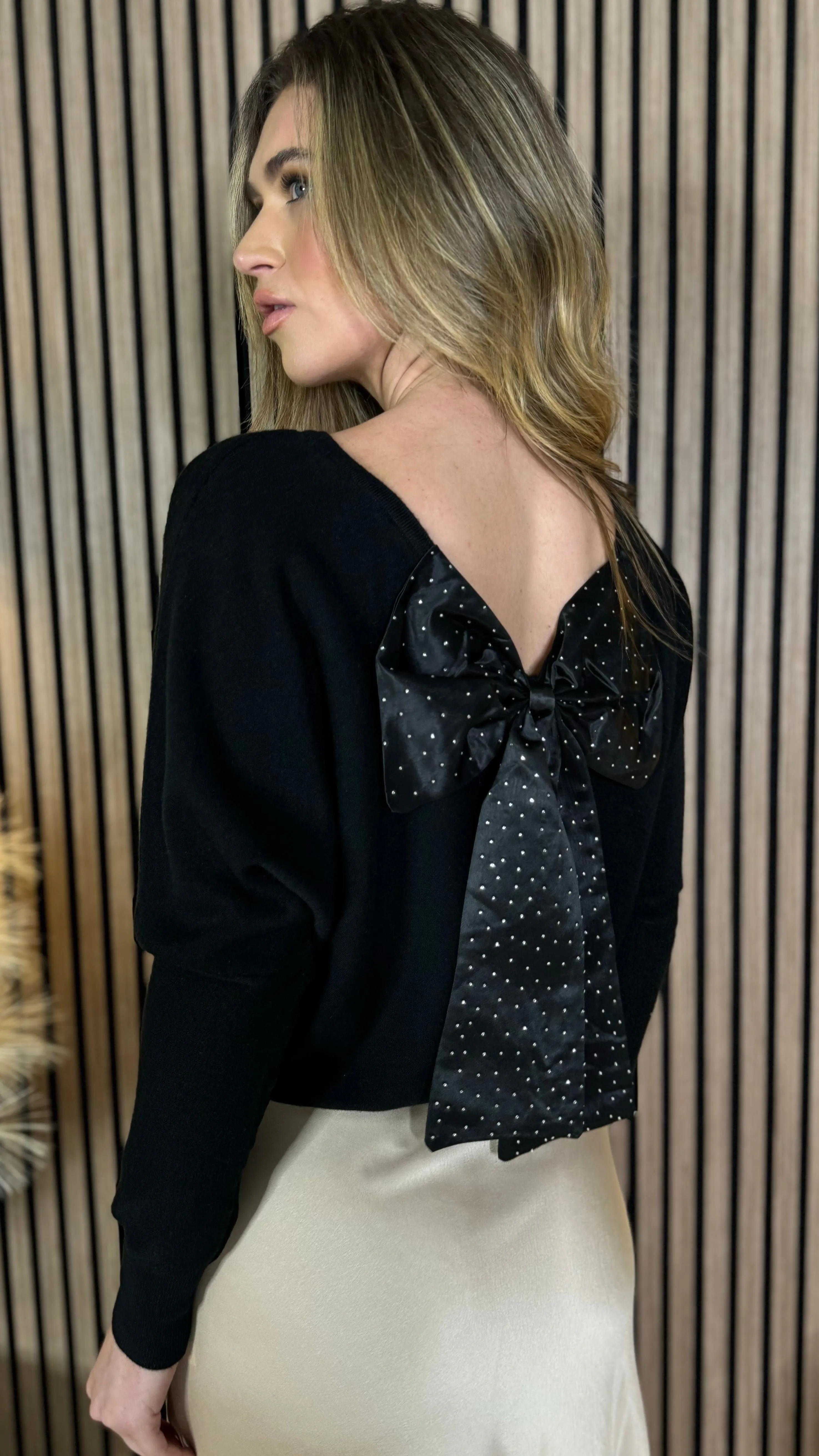 Carley Black Sequin Bow Detail Knit Jumper