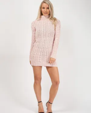 Connie Roll Neck Cable Knit Jumper Dress In Pink