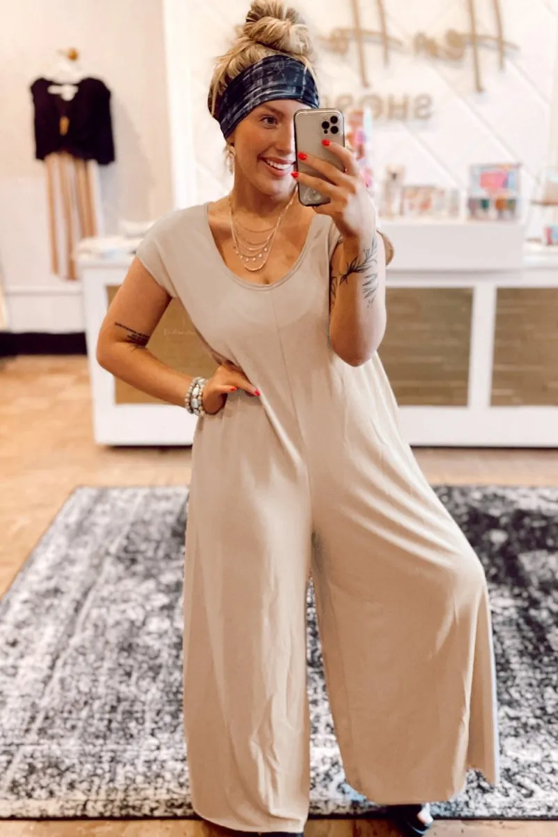 French Beige Curvy Wide Leg Jumpsuit