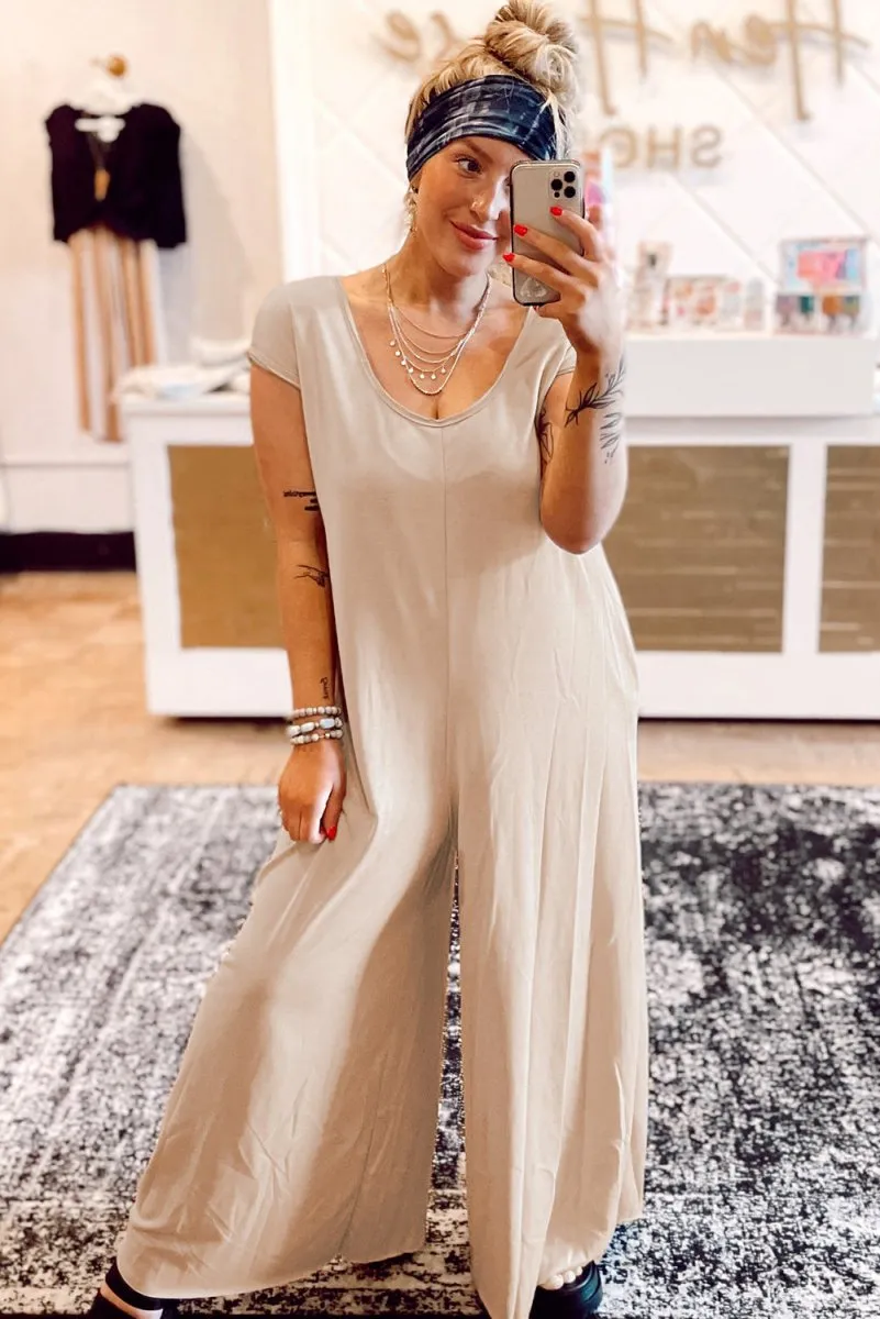 French Beige Curvy Wide Leg Jumpsuit