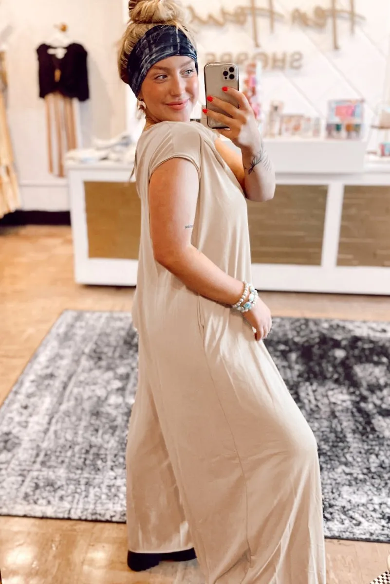 French Beige Curvy Wide Leg Jumpsuit