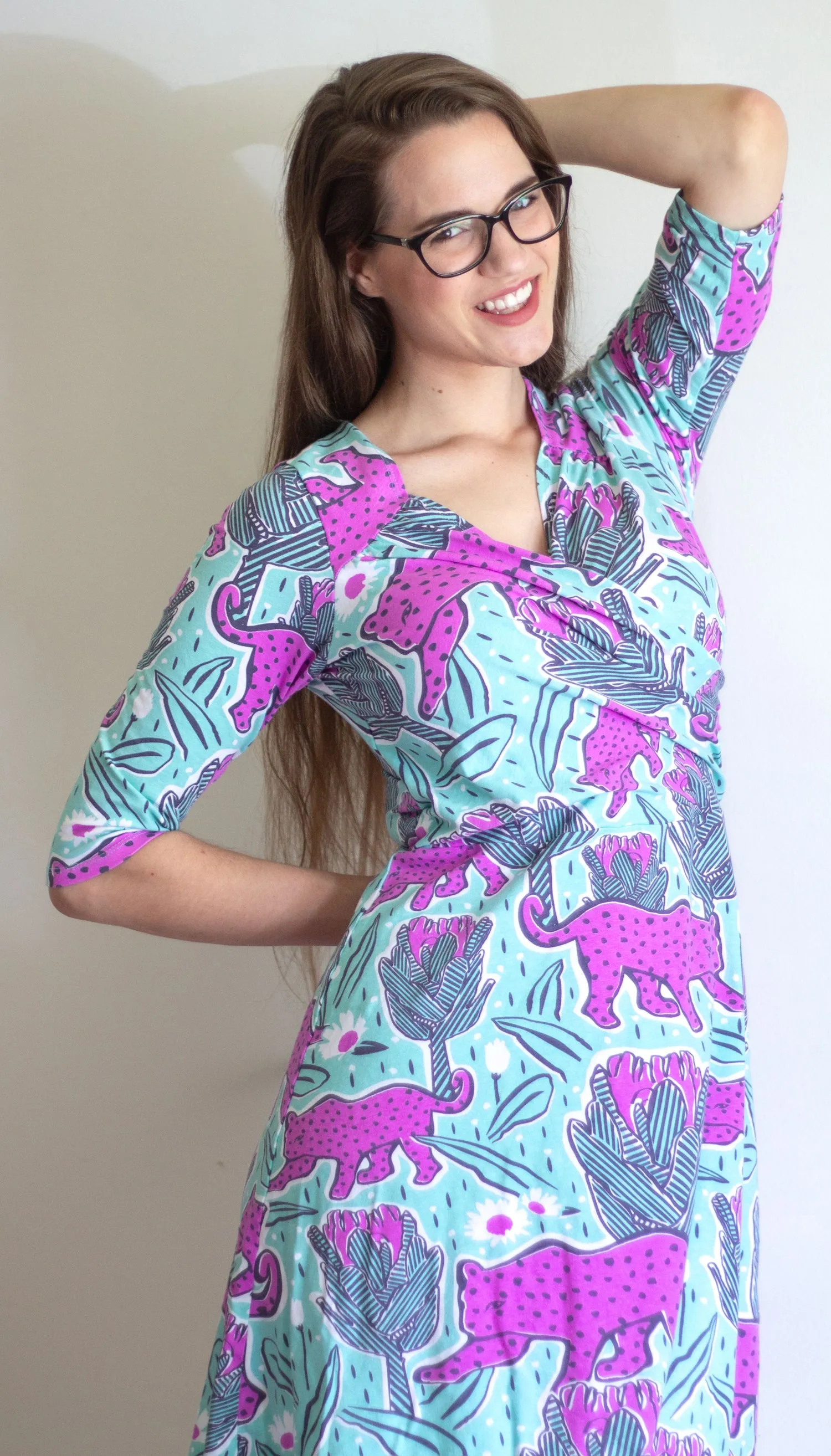 Jaguar & Protea Sweetheart Dress in Mint & Orchid