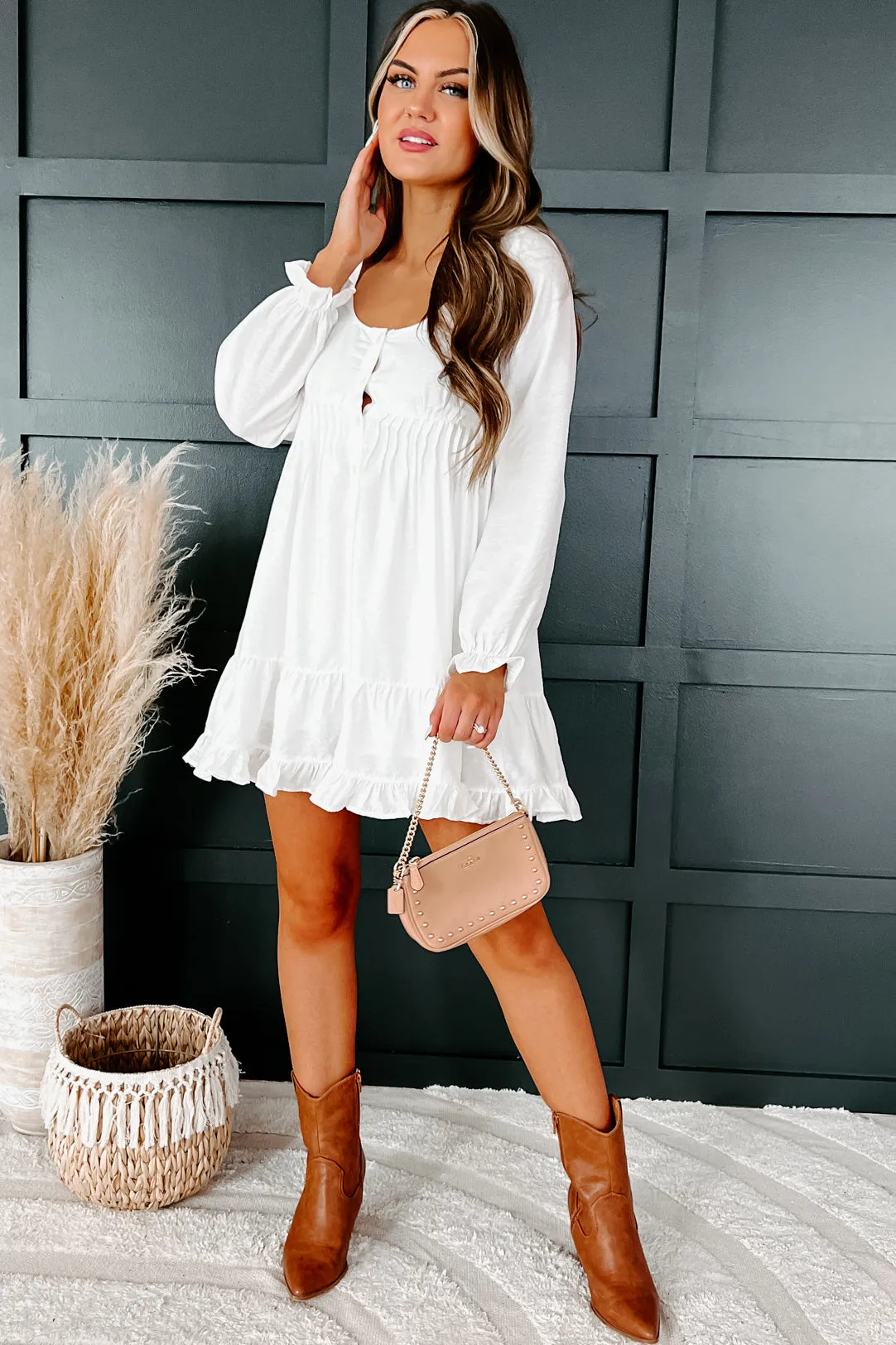 Logan Long Sleeve Lace-Up Back Babydoll Dress (Ivory)