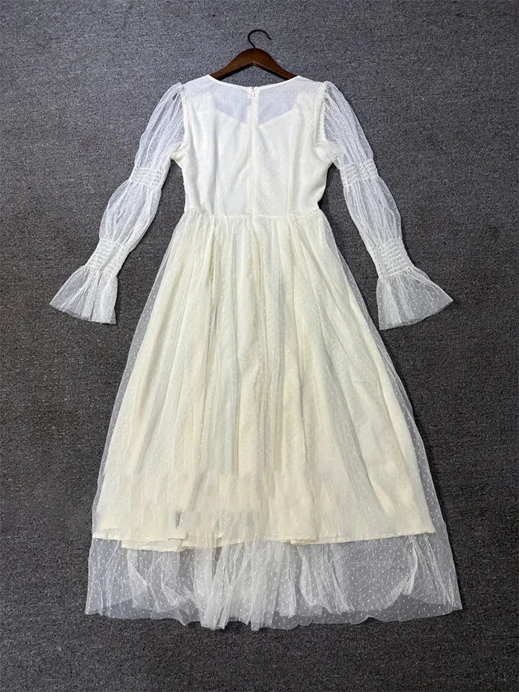 Metaversmall Elegant Embroidery Mesh Long Dress For Women Square Collar Lantren Sleeve High Waist Runway Patry Dresses Female Fashion New