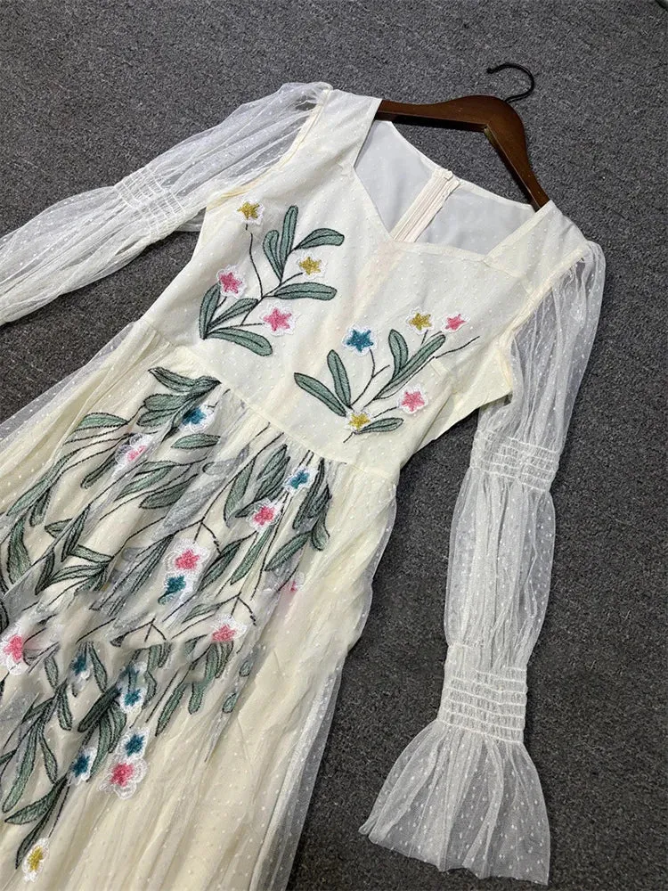 Metaversmall Elegant Embroidery Mesh Long Dress For Women Square Collar Lantren Sleeve High Waist Runway Patry Dresses Female Fashion New