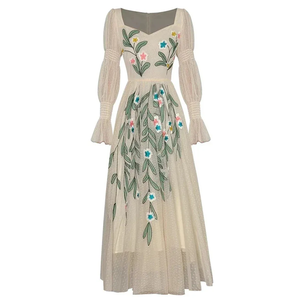Metaversmall Elegant Embroidery Mesh Long Dress For Women Square Collar Lantren Sleeve High Waist Runway Patry Dresses Female Fashion New