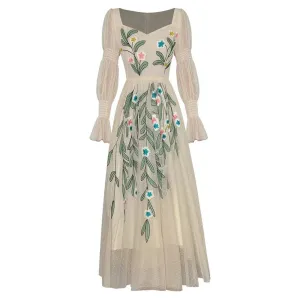 Metaversmall Elegant Embroidery Mesh Long Dress For Women Square Collar Lantren Sleeve High Waist Runway Patry Dresses Female Fashion New