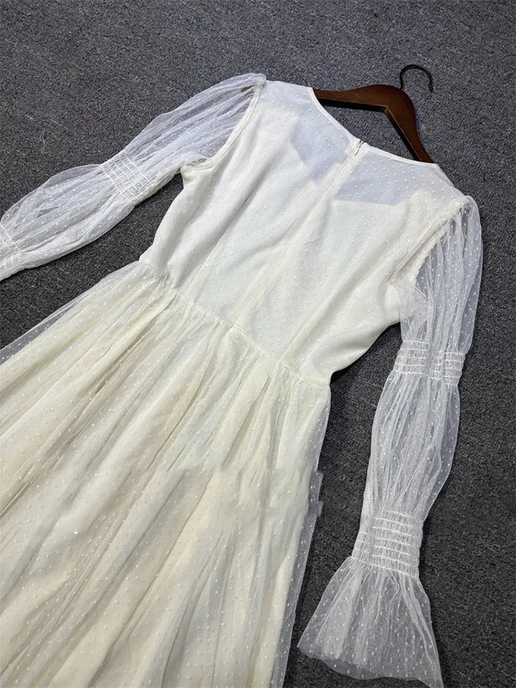 Metaversmall Elegant Embroidery Mesh Long Dress For Women Square Collar Lantren Sleeve High Waist Runway Patry Dresses Female Fashion New