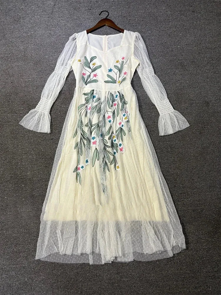 Metaversmall Elegant Embroidery Mesh Long Dress For Women Square Collar Lantren Sleeve High Waist Runway Patry Dresses Female Fashion New