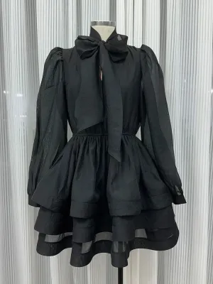 Metaversmall Solid Spliced Ruffles Slimming Dresses For Women V Neck Long Sleeve High Waist Patchwork Lace Up Dress Female Fashion New