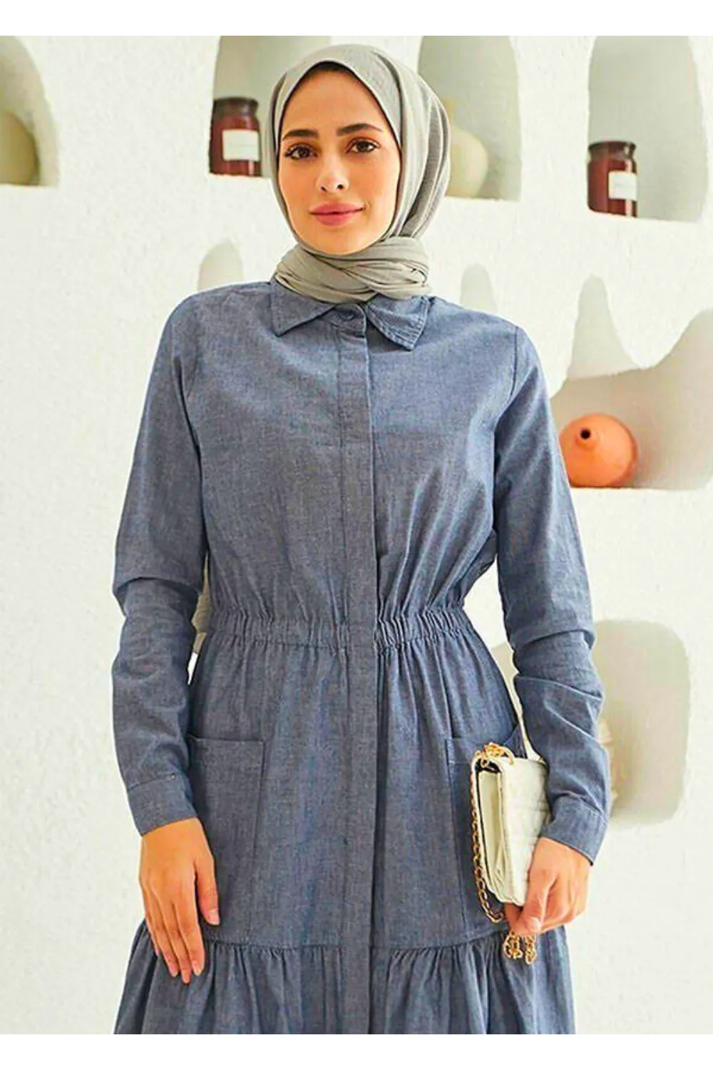Muslim Women's Long Sleeve Maxi Dress with Tiered Skirt - Modest Design