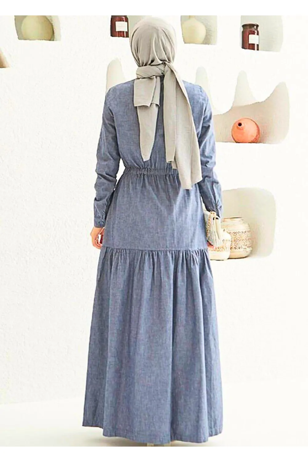 Muslim Women's Long Sleeve Maxi Dress with Tiered Skirt - Modest Design