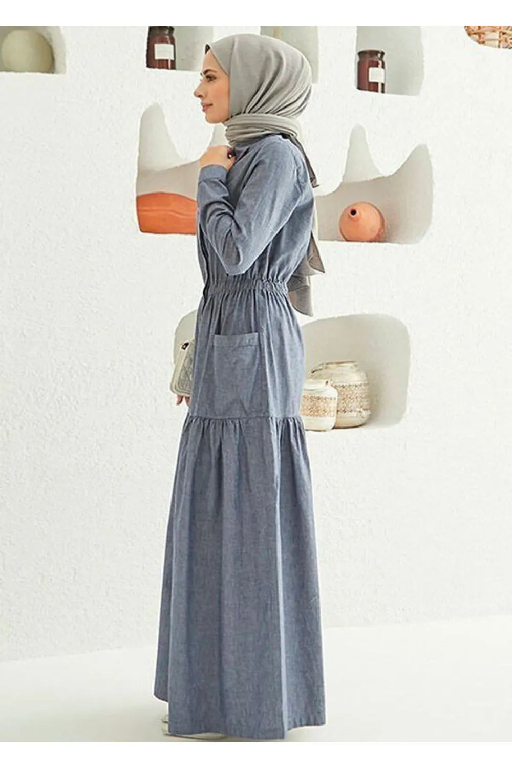 Muslim Women's Long Sleeve Maxi Dress with Tiered Skirt - Modest Design