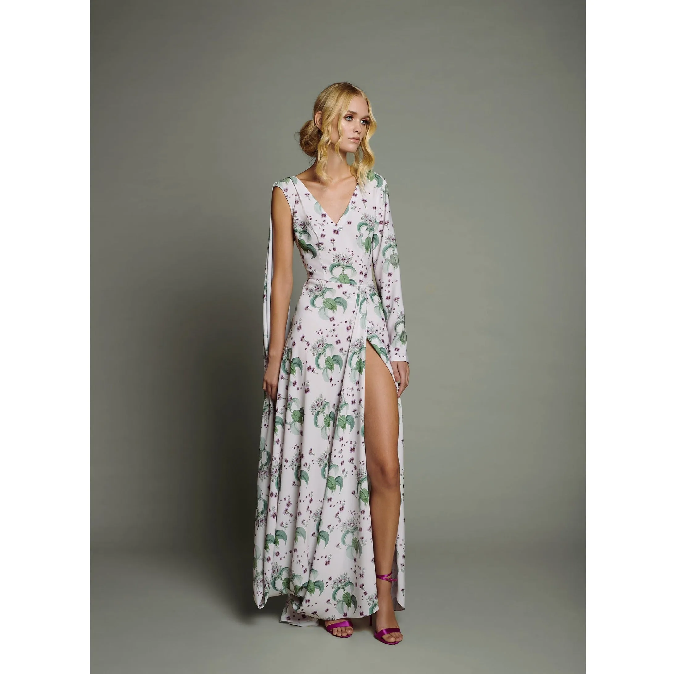 Orchid Print 1 Draped Sleeve Maxi Dress