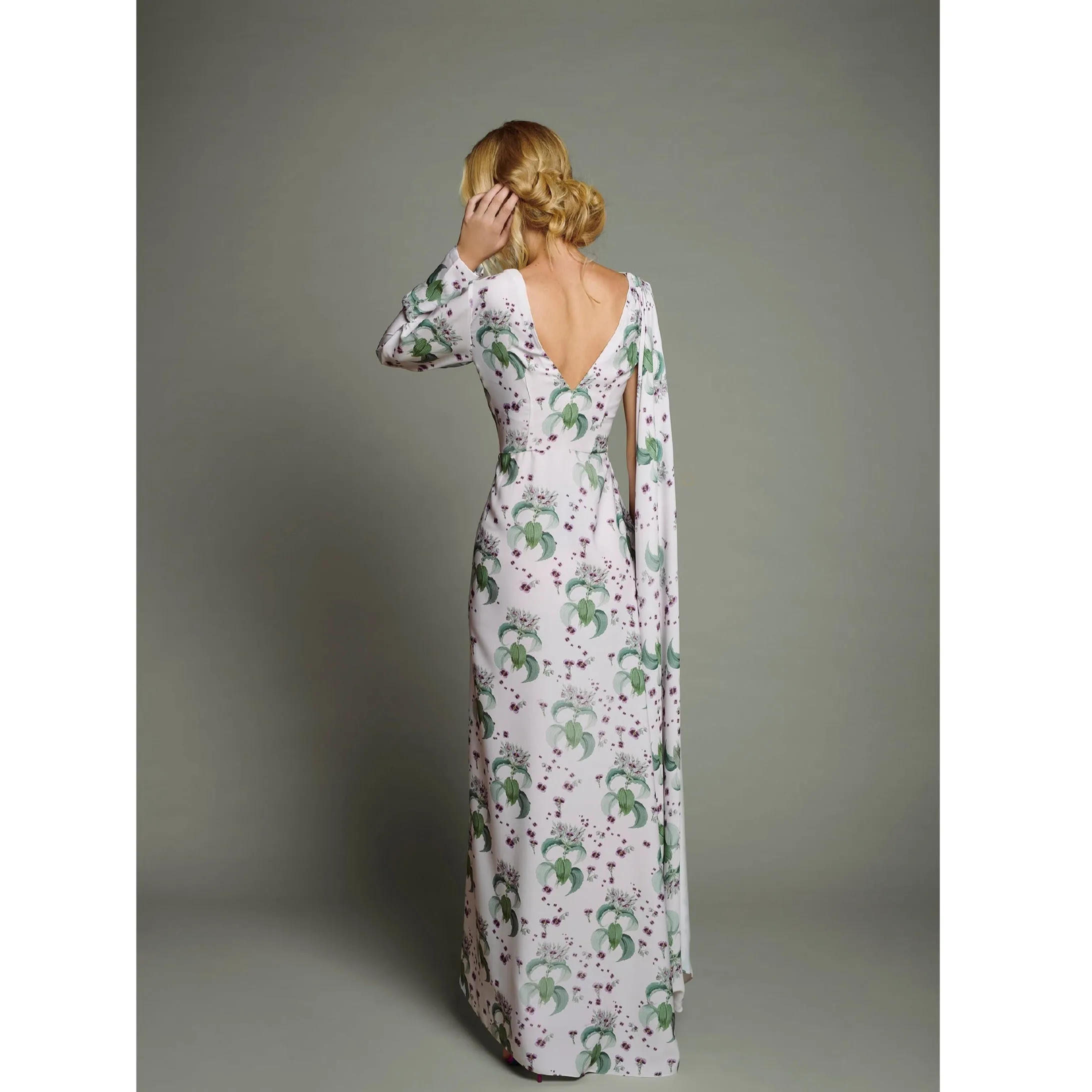 Orchid Print 1 Draped Sleeve Maxi Dress