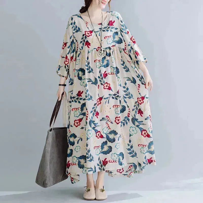 Plus Size Loose Panel Cotton Linen Print Short Sleeve Mum Maxi Dress