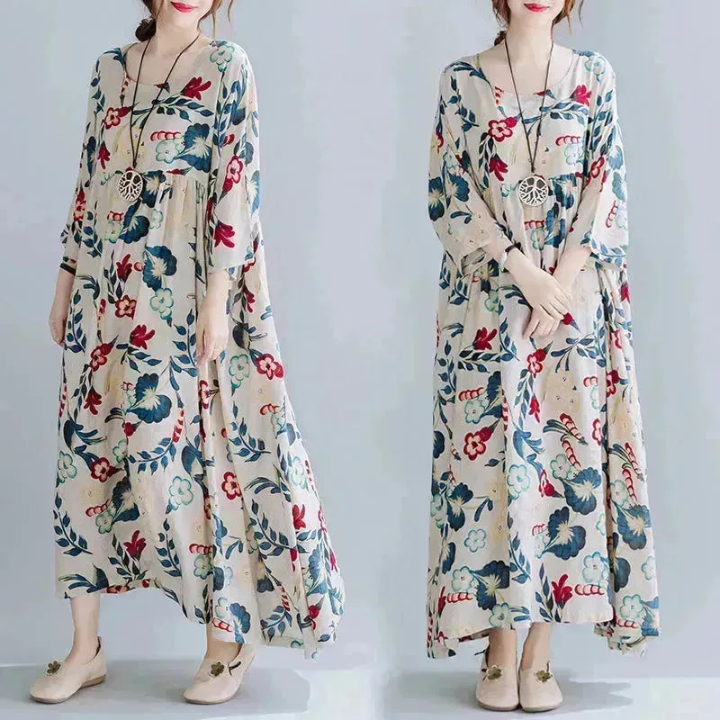 Plus Size Loose Panel Cotton Linen Print Short Sleeve Mum Maxi Dress