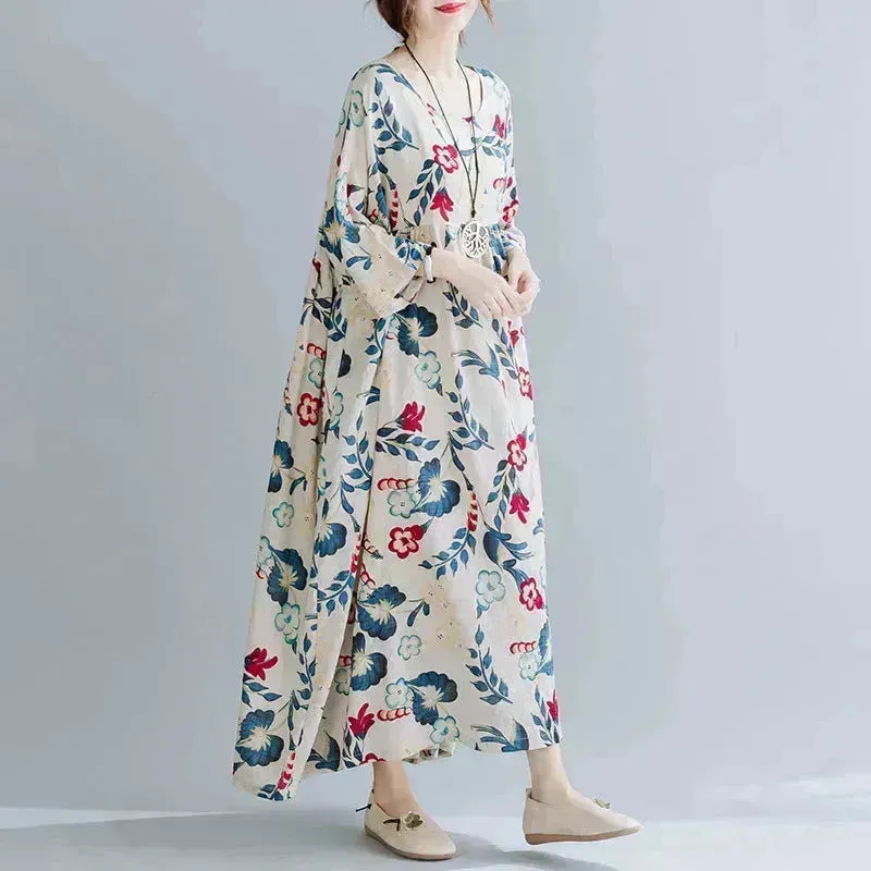 Plus Size Loose Panel Cotton Linen Print Short Sleeve Mum Maxi Dress