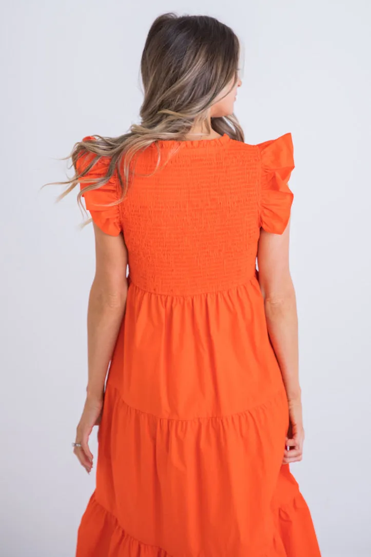 Poplin Vneck Smock Maxi Dress