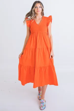 Poplin Vneck Smock Maxi Dress