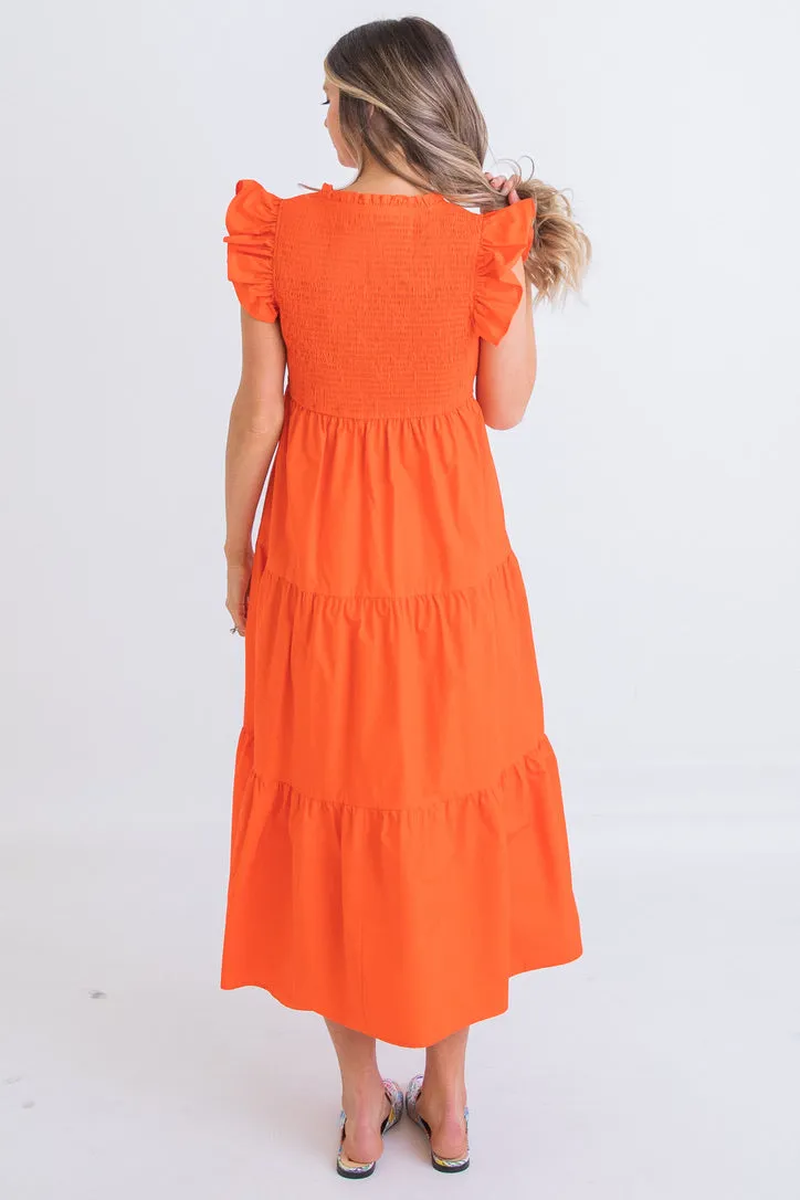 Poplin Vneck Smock Maxi Dress