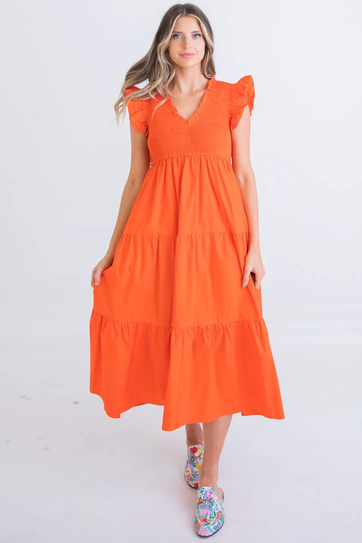 Poplin Vneck Smock Maxi Dress