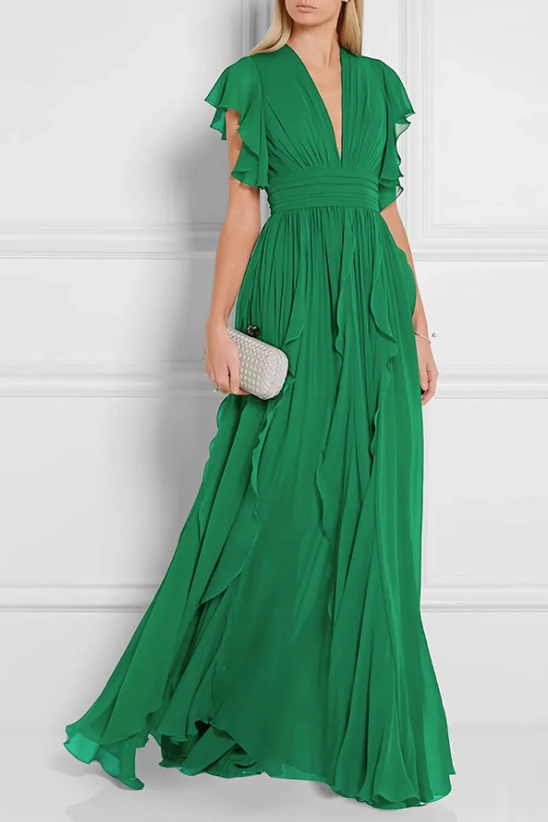 prom green tiered dress with deep v neckline 4446
