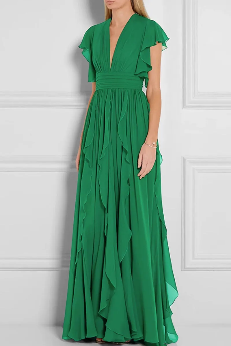 prom green tiered dress with deep v neckline 4446