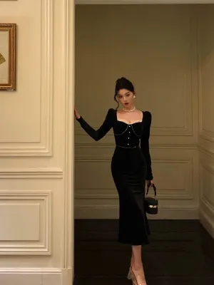 Retro velvet dress for women new style square neck mermaid party dress      S5570