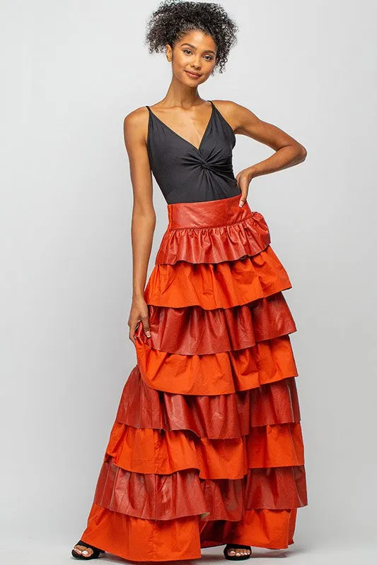 Rust Faux Leather Layered Maxi Skirt With Ruffles