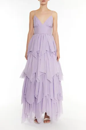 Sadie Lilac Layered Hanky-Hem Tulle Maxi Dress
