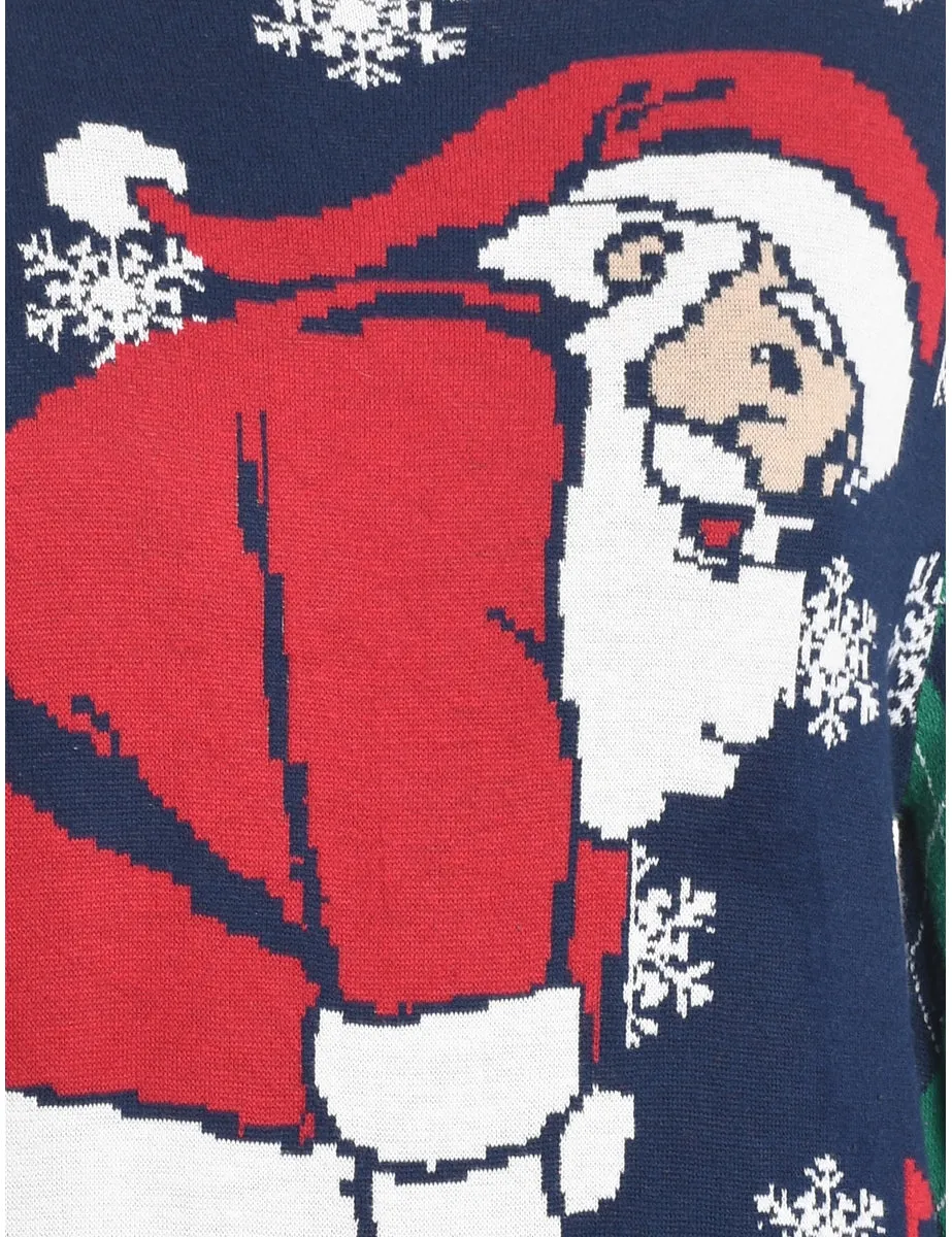 Santa Claus Design Navy & Green Argyle Knit Christmas Jumper - S