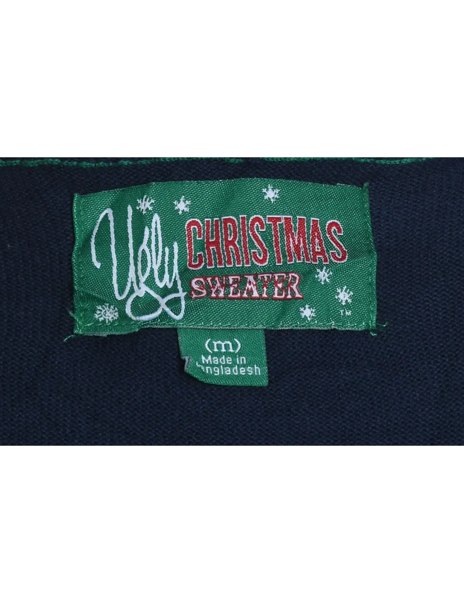 Santa Claus Design Navy & Green Argyle Knit Christmas Jumper - S