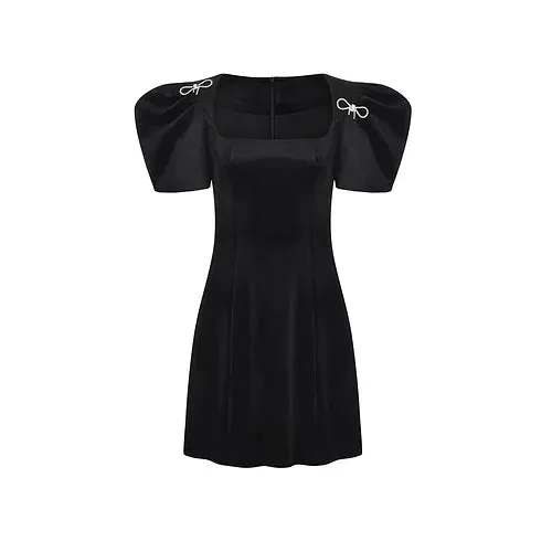 Three Quarters Diamond Bow Puff Sleeve Velvet Dress