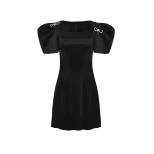 Three Quarters Diamond Bow Puff Sleeve Velvet Dress