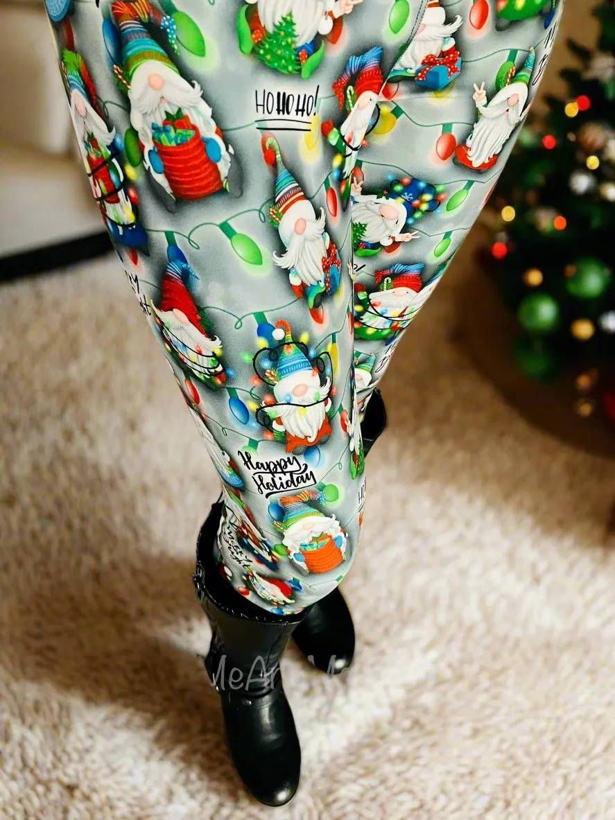Womens Christmas Santa Gnome Leggings, Holiday Leggings, Soft Yoga Pants, Sizes OS/TC, Yoga Waist, Green/Red, Exclusive Leggings